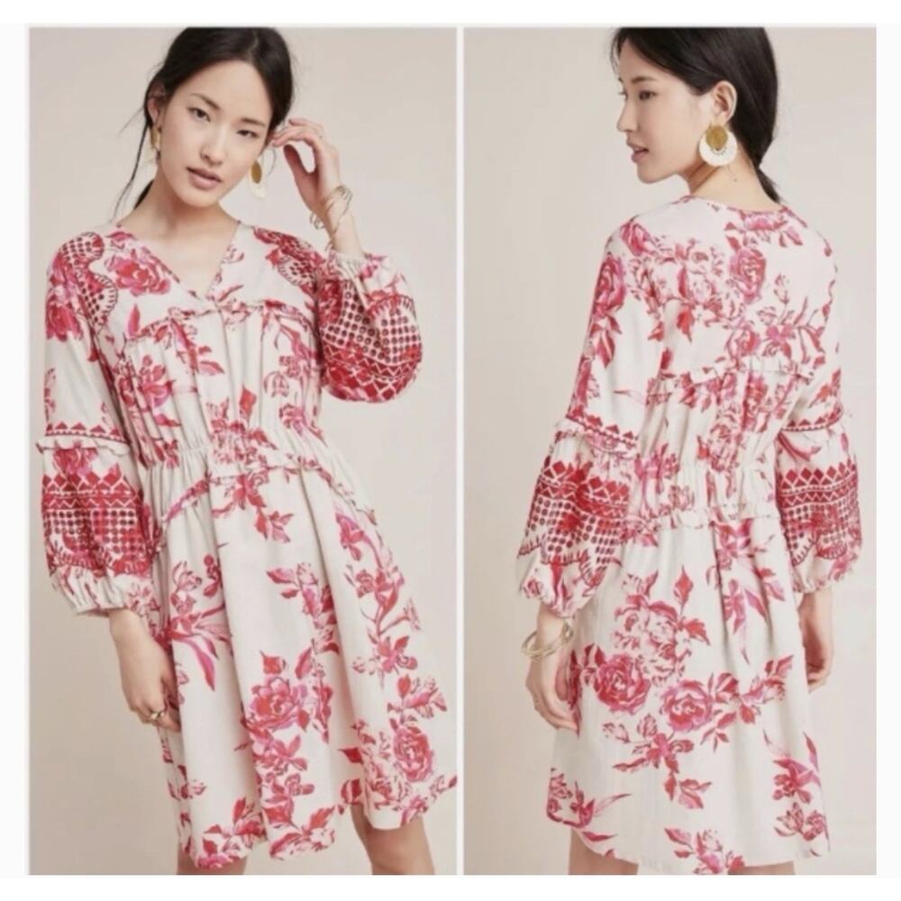 Vineet Bahl Pink White Embroidered Floral V-Neck Tunic Dress Size M